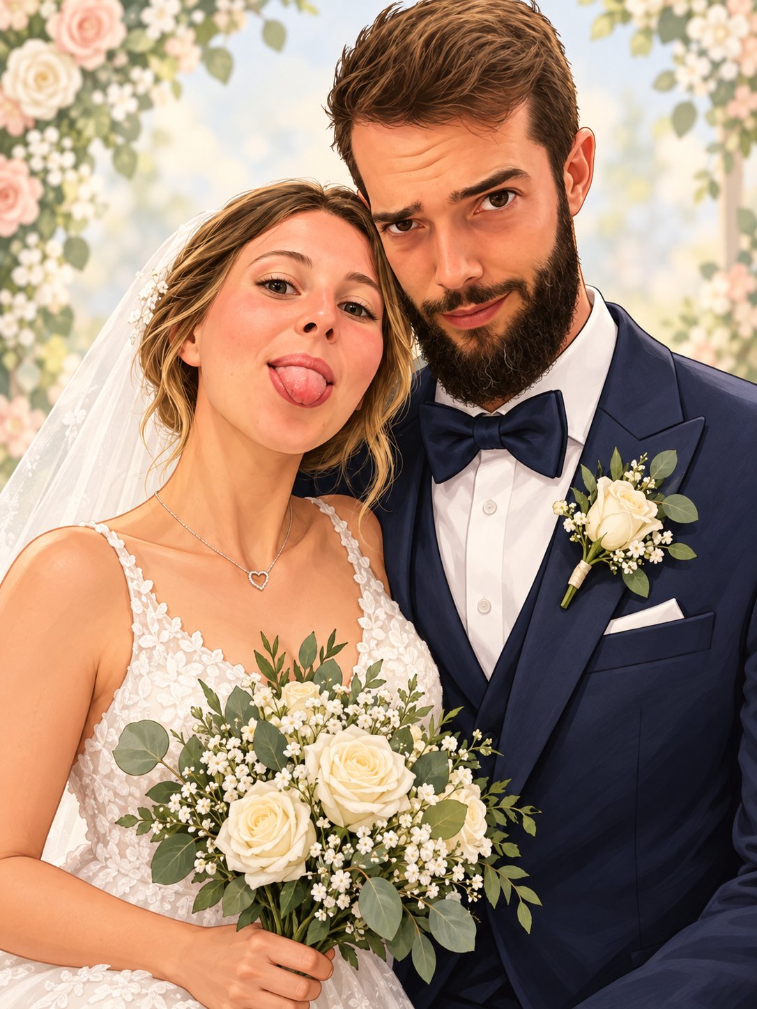 Caricatura de Antonio e Irene vestidos de novios